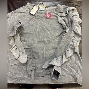 NWT Poof Excellence Appereal‎ Women's Size Large Gray Ruffle Light Sweatshirt
